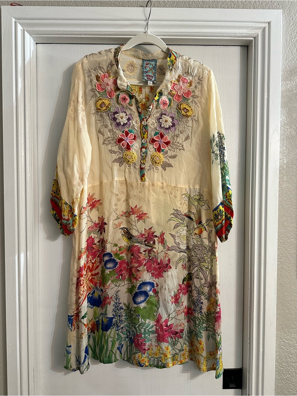 Johnny Was Cream Midi Wysteria Dress with Multicolor Floral Embroidery
